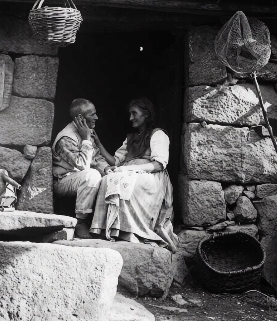 RuralPortugal's tweet photo. Casal de moleiros de idade sentados na soleira de porta de casa rural, Ermida-Douro, c. 1900.

[📸 Alberto Marçal Brandão | Centro Português de Fotografia]

#PortugalRural https://t.co/mOSxmul5Cp