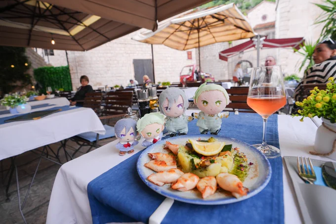 雨なので美食にアテンドされる丸たち。 ケーキは激甘! イカとってもうまし!ニンゲンは塩と間違えて砂糖をかけました #セベ丸ヨーロッパ進出2026