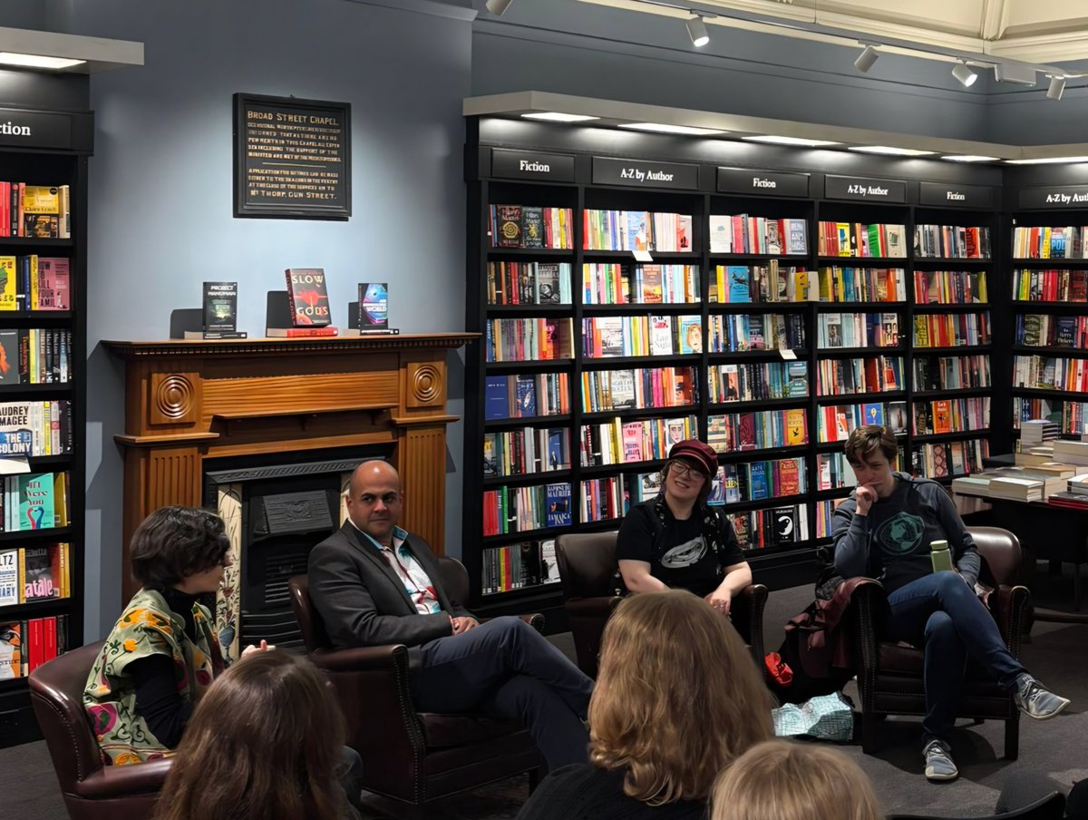 BroadStBooks's tweet photo. Huge thanks to wonderful authors Claire North, Stewart Hotston, Ren Hutchings &amp; their fabulous fans for a great discussion &amp; some excellent questions last night. Signed copies of their recent books now available in-store, the perfect gift for Sci-fi/Fantasy readers 🪐💫🌏 https://t.co/9xpGxyQtE9