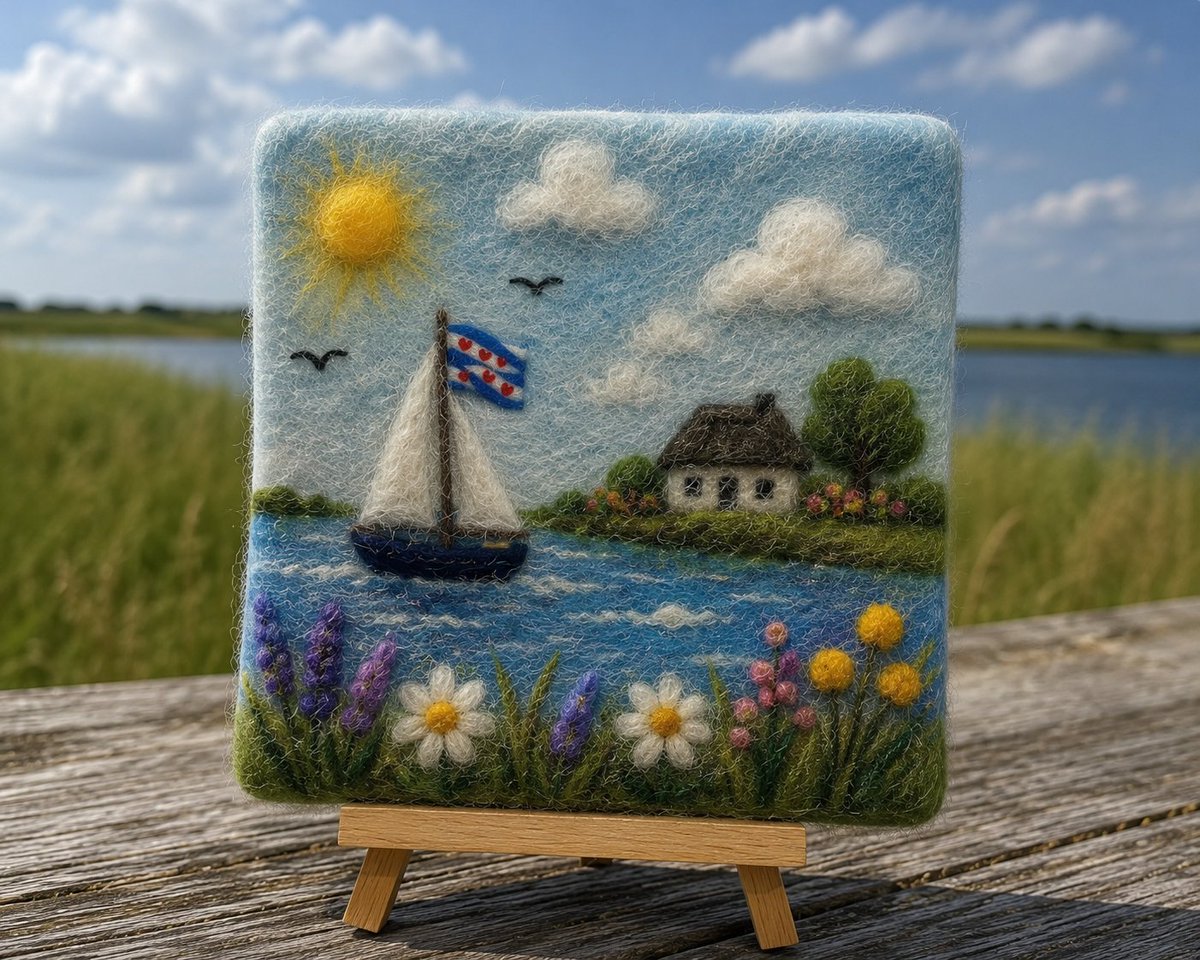 dewollenengel's tweet photo. Door ziekte in de familie even wat minder tijd voor X 💚

Toch nog even iets creatiefs tussendoor; een zomers Fries naaldvilt werkje ☀️⛵
Met liefde gemaakt en helemaal in rustige Friese sferen.

#naaldvilt #Friesland #handgemaakt #wol #zomer #creatief #friesesfeer https://t.co/ssASFcEiHS