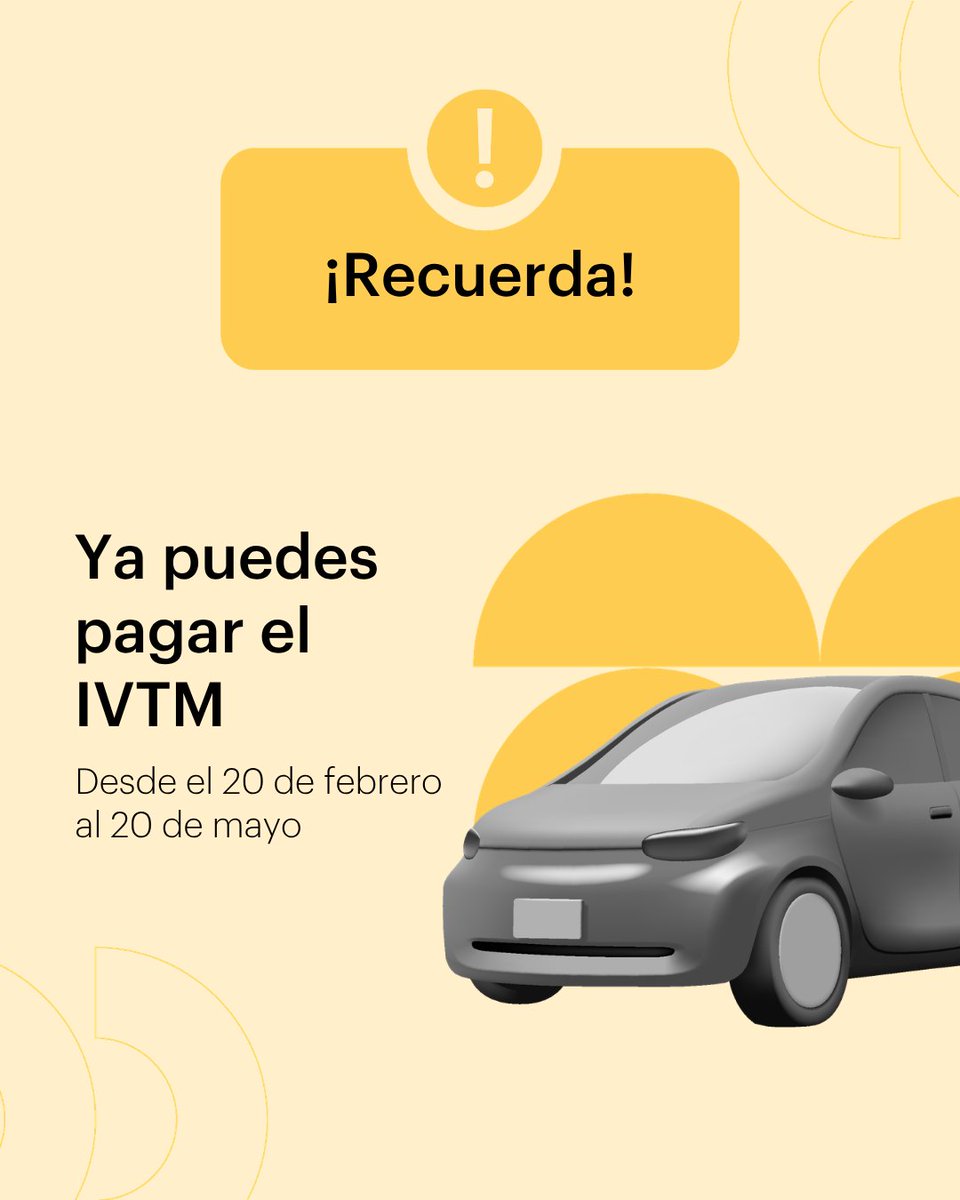 ATributaria_RM's tweet photo. Aviso importante si no domiciliaste el pago del IVTM. 🚨

¡Recuerda que el plazo finaliza este mes! 🚗💨

🗓️ Tienes hasta el 20 de mayo.

https://t.co/o37WdgdDWJ https://t.co/FjswzkPBXA