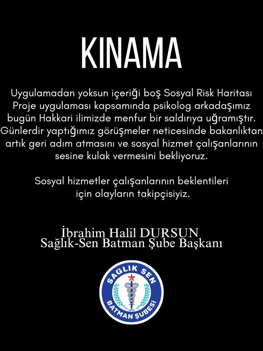 KINIYORUZ!!!
Sosyal Risk Haritası projesi ,
Çalışanlar için risk oluşturuyor.
Çalışanını güvende tutmayan,sesine kulak vermeyenler artık empati yapın!
Sosyal Hizmet Çalışanları yalnız değildir,
Olayın takipçisiyiz.