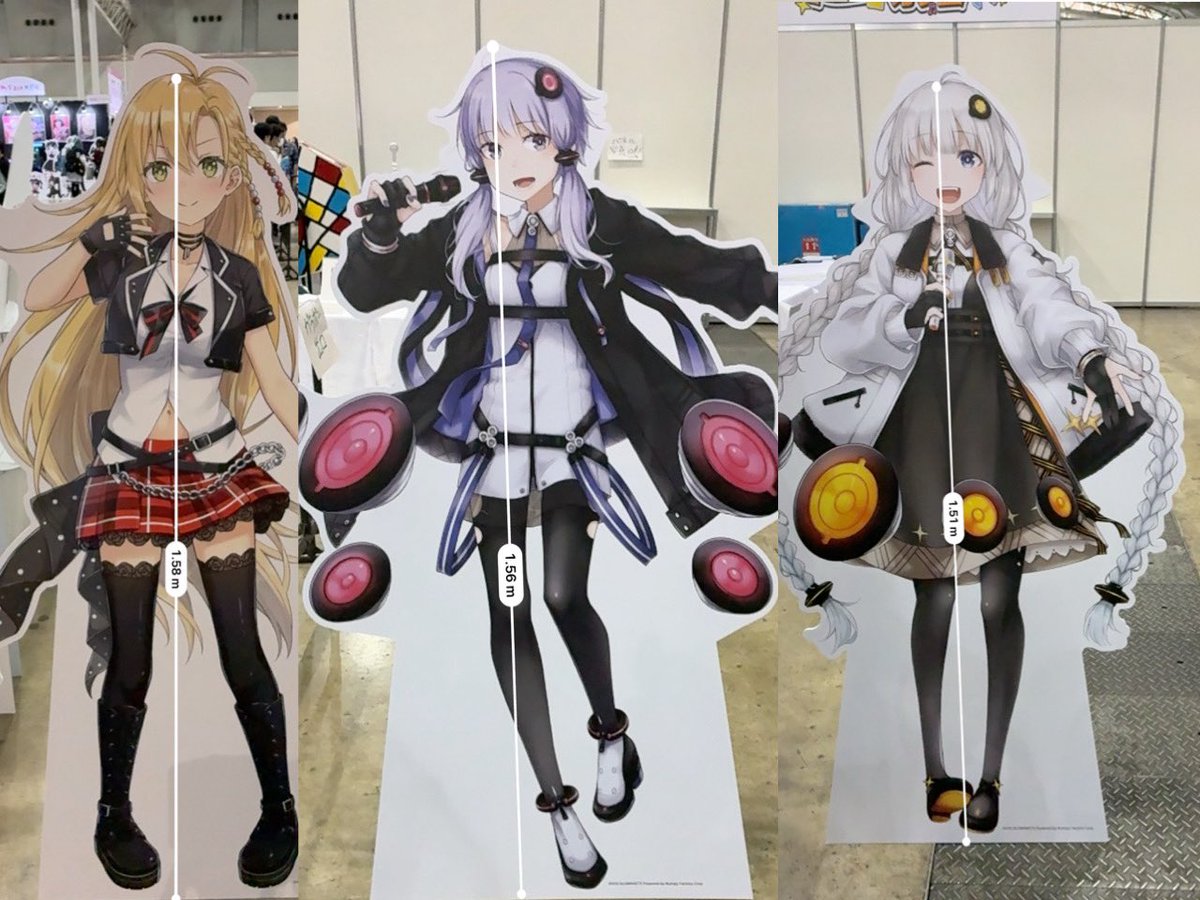getakigou's tweet photo. ニコニコ超会議のパネルの身長差
結月ゆかり　159cm 測定156cm
紲星あかり◎
弦巻マキ◎
宮舞モカ　？cm 測定153cm
琴葉姉妹　約158cm 測定158cm
東北ずん子　157cm 測定152cm
ずんだもん◎
小春六花　160cm 測定132cm
夏色花梨　164cm 測定152cm
花隈千冬　151cm 測定138cm

宮舞モカの公式身長知りた https://t.co/wuhjOCWfl1