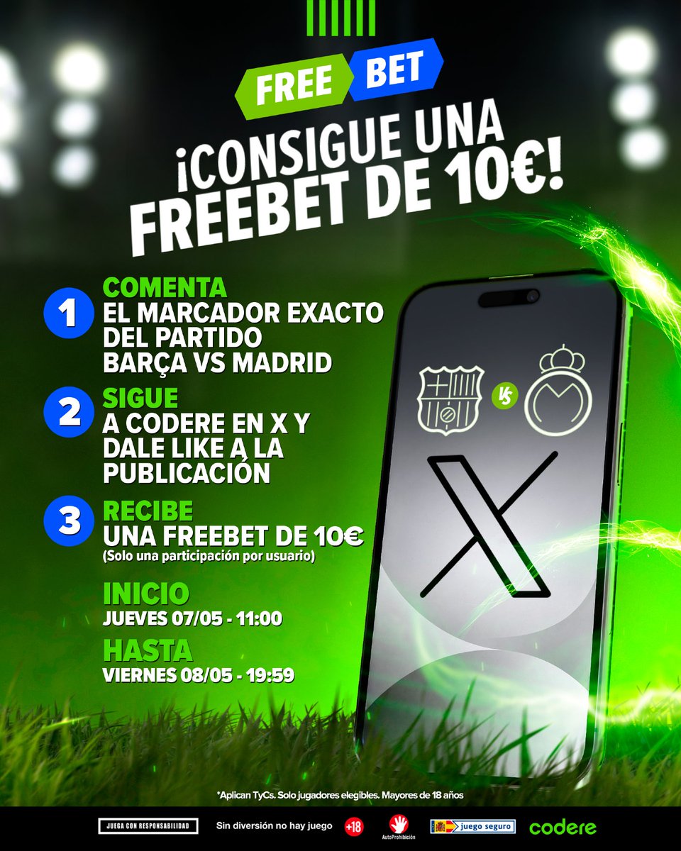 CodereApuestas's tweet photo. ¡Se viene el clásico! ¡Y viene con Freebets! 

Comentad esta publicación con el marcador exacto del FC Barcelona vs Real Madrid y así demostráis que sois verdaderos gurús del fútbol.

¡Podéis ganar una Freebet de 10€ si aciertas! 

#Laliga #ElClasico #Freebets #Codere #Barcelona #realmadrid