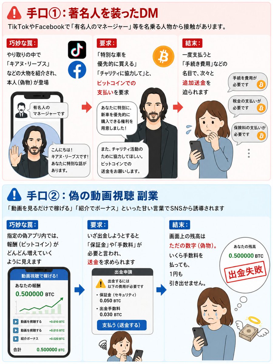 TBB_JP's tweet photo. 🚨ビットコイン詐欺が急増しています！  

TBBに寄せられた被害者による実体験を画像にてご紹介します

必ず理解しておく必要があるのは下記の３点です 

✅有名人がSNS等で直接ビットコインを送金させることはありません 

✅「出金のために先にお金を振り込む必要がある」と言われたら100%詐欺です 

✅怪しいと思ったら送金前に必ず警察や信頼できる人に相談を  

「自分だけは大丈夫」と思わず、あなたの大切なビットコインを守りましょう！