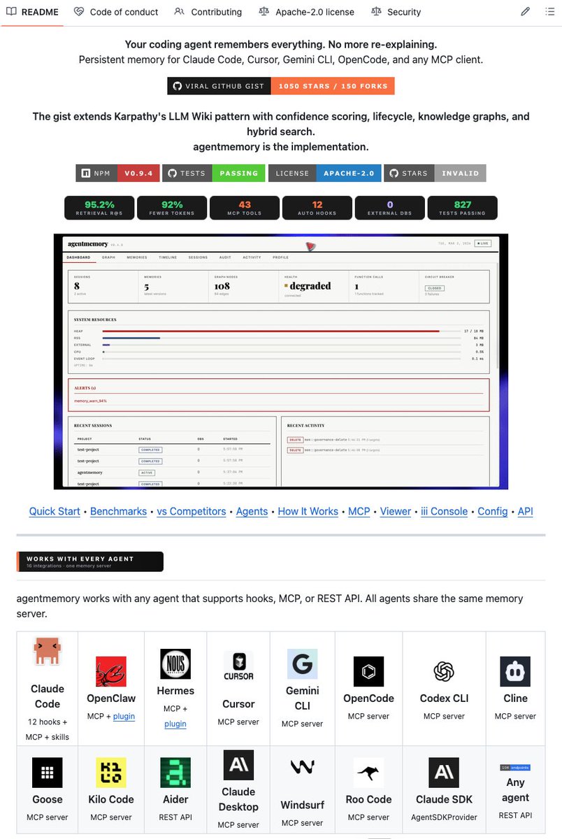 You can now give Hermes, Claude Code, and Codex infinite memory.

For free.

Agentmemory just dropped.

It records what Claude does during your coding sessions. Compresses it with AI. Injects relevant context back into future sessions.

CLAUDE md dumps 22,000+ tokens into context