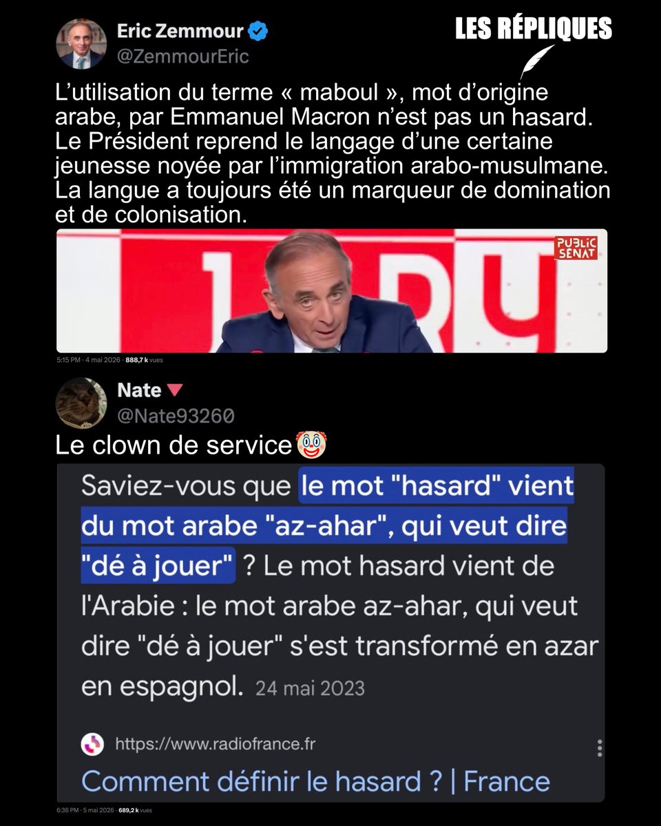 Le polémiste d’extrême droite, condamné à plusieurs reprises pour provocation à la haine raciale <a href="/ZemmourEric/">Eric Zemmour</a>, critique l'utilisation du terme "maboul" par Emmanuel Macron

<a href="/Nate93260/">Nate🔻</a>