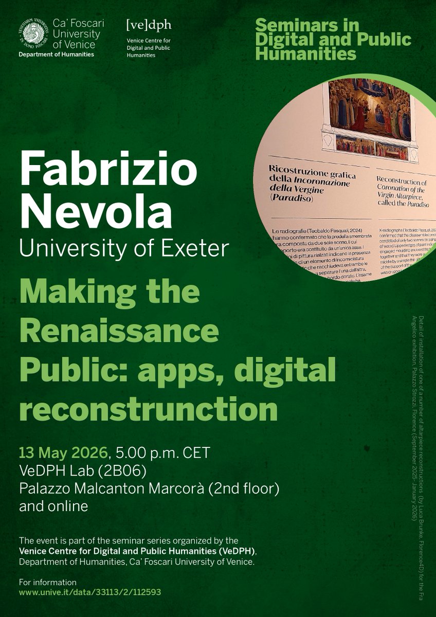 venicedph's tweet photo. Our next seminar on Wed 13 May:

@FJNevola ( @UniofExeter )
Making the Renaissance Public: apps, digital reconstruction and issues of interpretation

Info: https://t.co/YVFeT7e9z4 https://t.co/8V1gOm82Gd