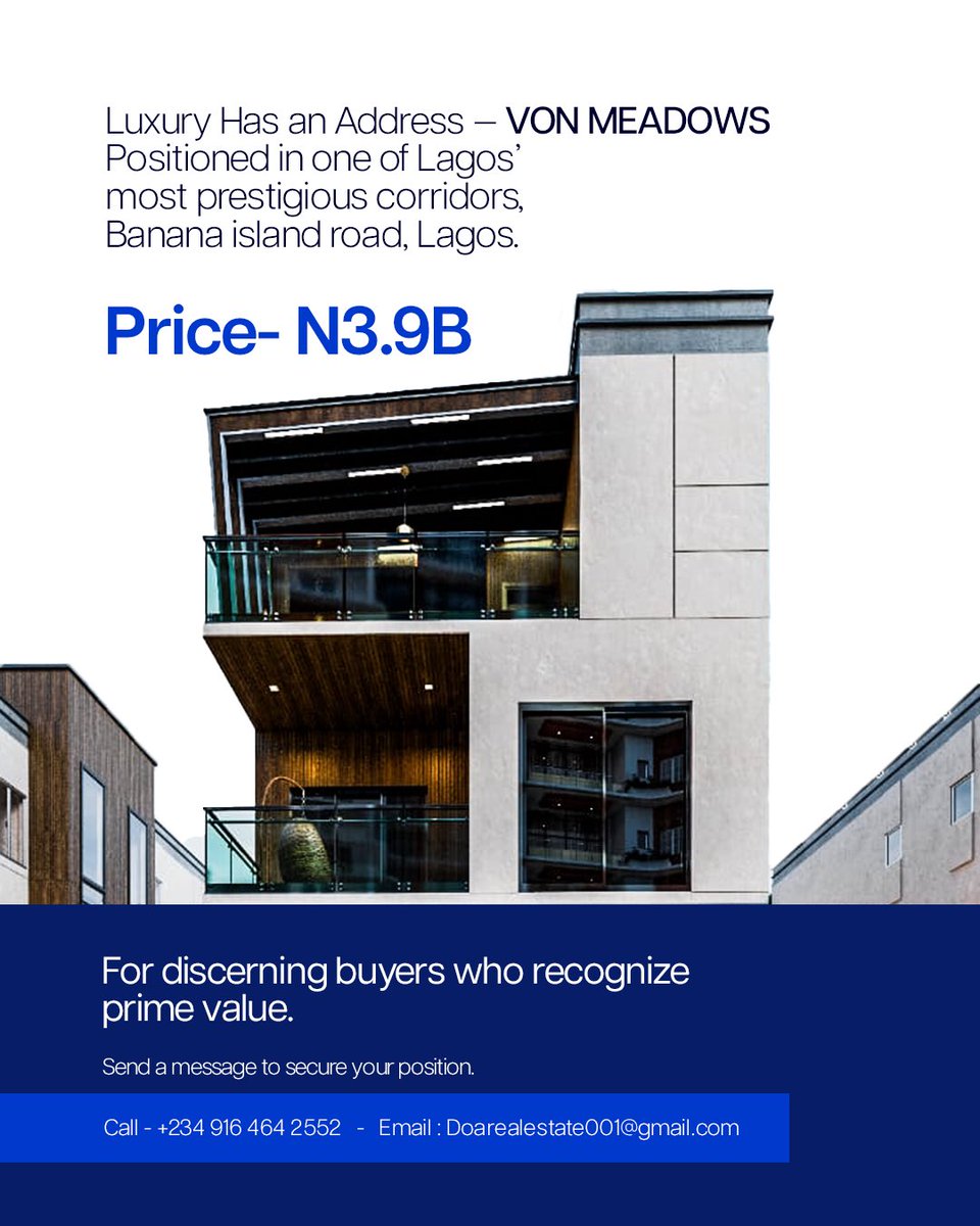 DOA_RealEstate's tweet photo. Luxury is no longer a dream. It now has an address; Von Meadows, Banana Island Road, Lagos.

Banana Island Road didn’t become elite by accident.
Everything around it appreciates; value, status, influence, and lifestyle.

Send a DM now to own luxury. https://t.co/MLzbVmU80Q
