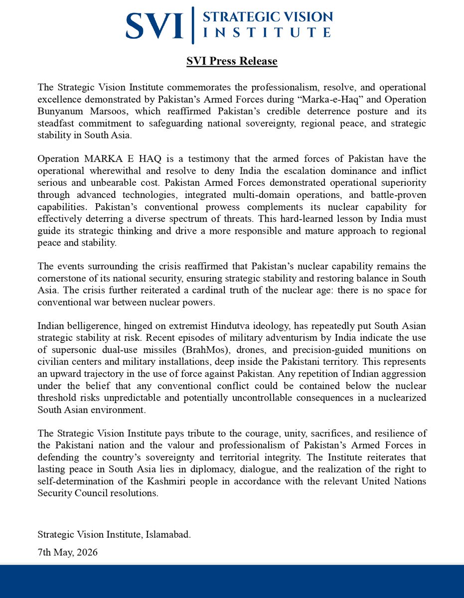 SVI_Pakistan's tweet photo. SVI Press Release: Commemoration of the Successes of Pakistan Armed Forces During “Marka-e-Haq” and Operation Bunyanum Marsoos https://t.co/8YpaBc8Spc