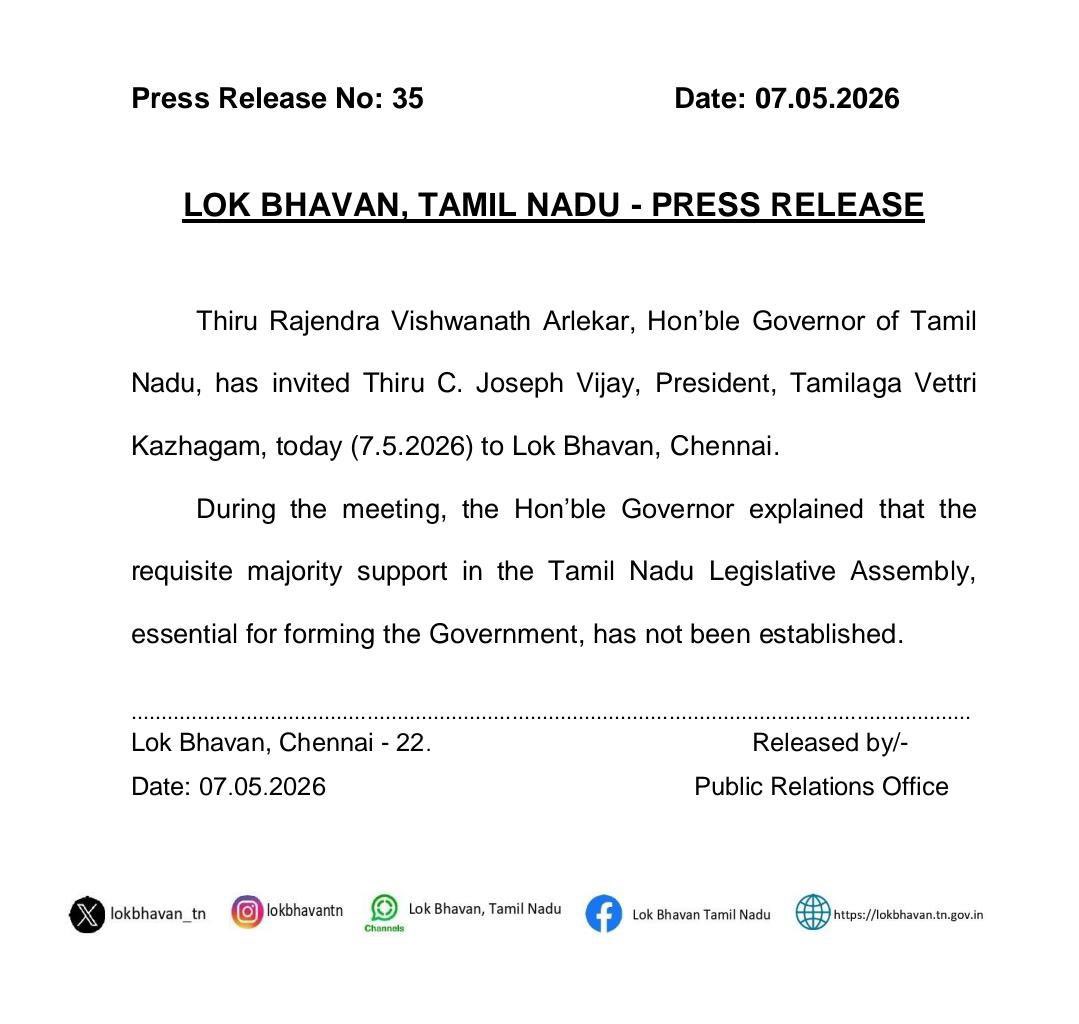 TN Governor says he informed TVK Chief Vijay that he has not established requisite majority for forming the Govt.