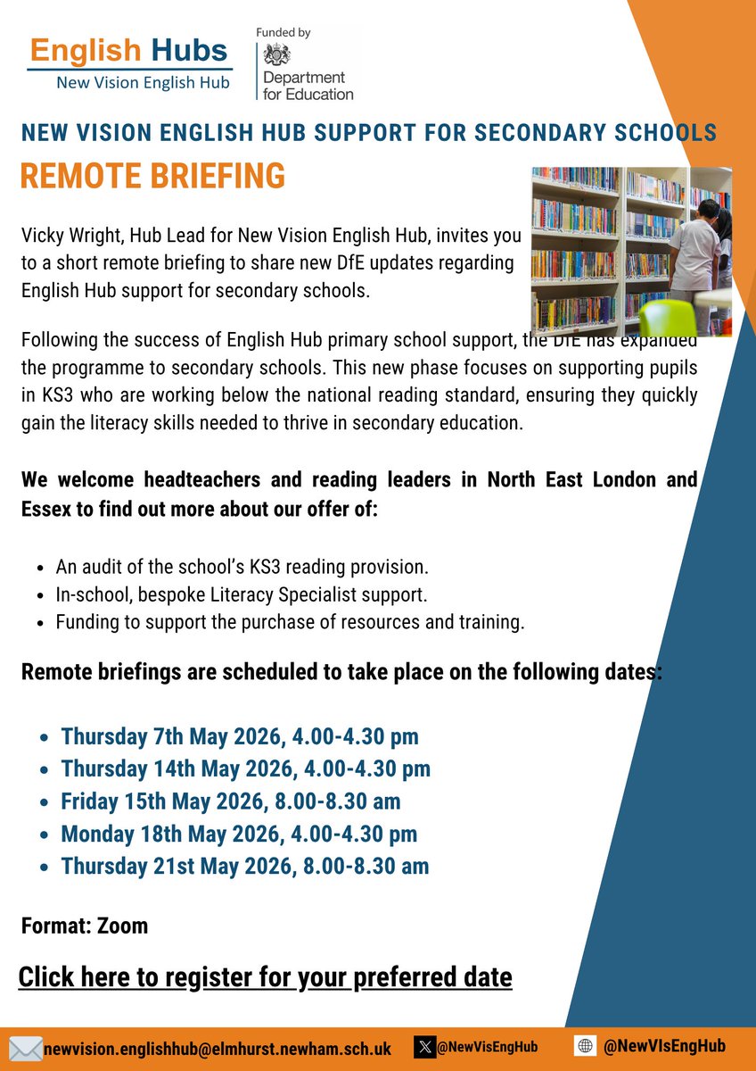 NewVisEngHub's tweet photo. Empower Every Reader in KS3. New Vision English Hub is partnering with secondary schools to provide targeted, evidence-based support that helps pupils develop the reading skills needed to thrive across the curriculum. Join a remote briefing for more info:
https://t.co/HvBA4QRDMV https://t.co/7GBvOJS9xc
