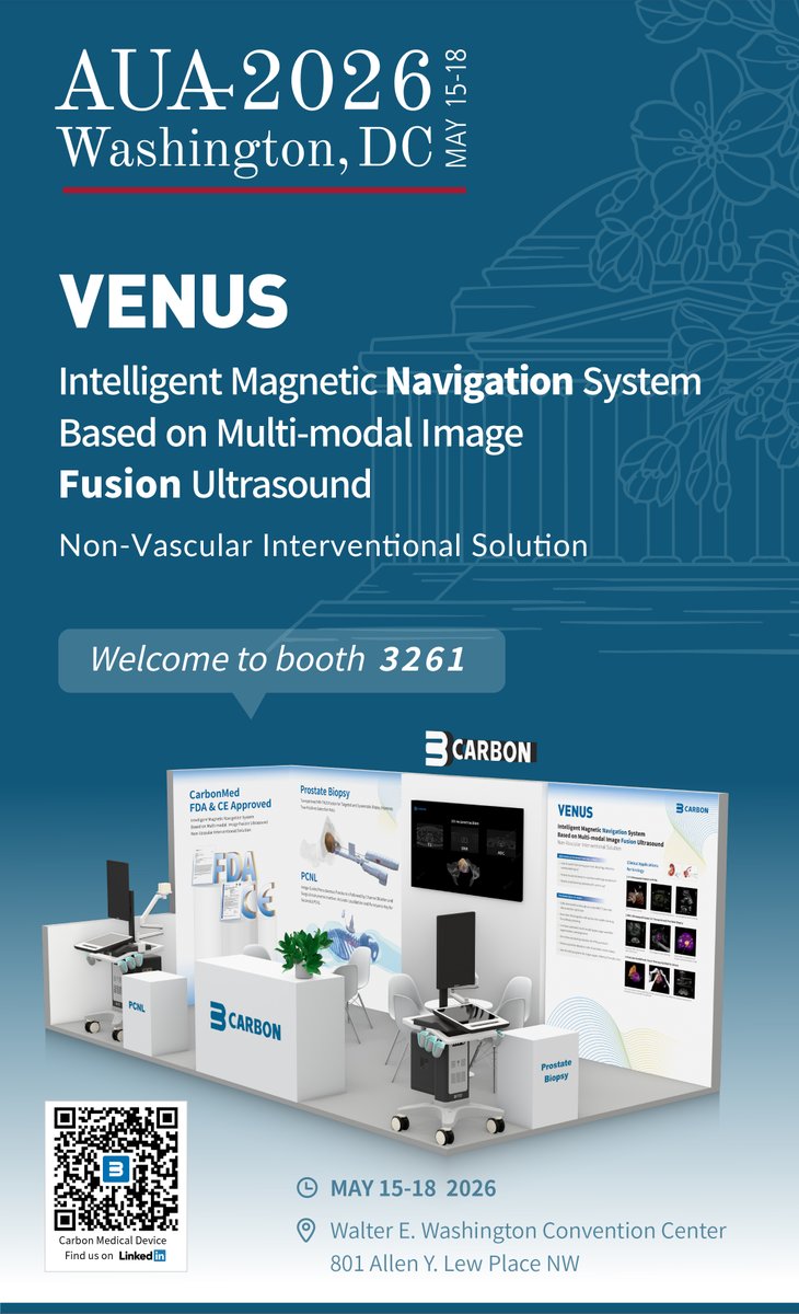 CarbonMedDevice's tweet photo. Carbon Medical invites you to AUA 2026.
Meet global urology experts and discover how Carbon VENUS redefines urological diagnosis &amp; treatment for higher efficiency and precision.
May 15–18 | Walter E. Washington Convention Center
Booth 3261 | Looking forward to your visit! https://t.co/NsMeED6s6a