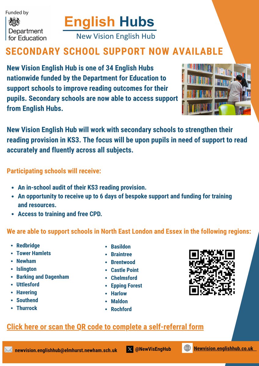 NewVisEngHub's tweet photo. Empower Every Reader in KS3. New Vision English Hub is partnering with secondary schools to provide targeted, evidence-based support that helps pupils develop the reading skills needed to thrive across the curriculum. Join a remote briefing for more info:
https://t.co/HvBA4QRDMV https://t.co/7GBvOJS9xc