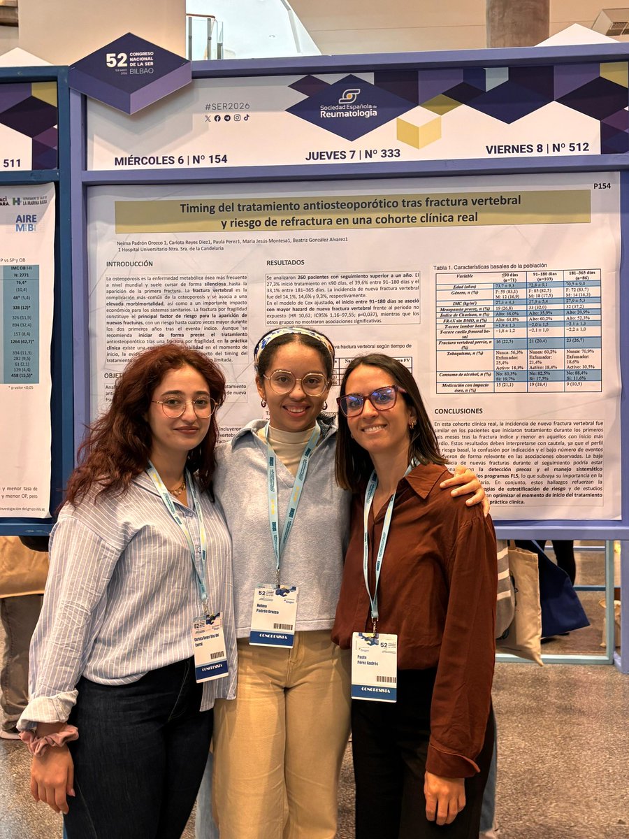 ReumaCandelaria's tweet photo. Nuestras residentes @OrozcoNeima, Paula Pérez y @Carlotareyes16, presentan en la #SER2026 su #poster Timing del tto anti-OP tras fractura vertebral y riesgo de refractura 🦴 https://t.co/KrgOUSmgoS