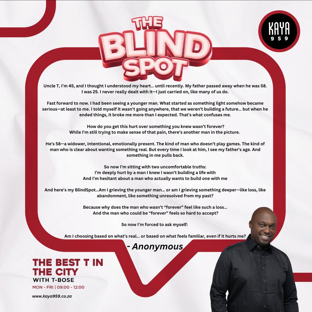 Has Anonymous grieved her father's passing fully?

Anonymous needs some sound advice on #TheBlindSpot.

#TheBestTInTheCity 

📲WhatsApp 063 688 0959

 📻 kaya959.co.za