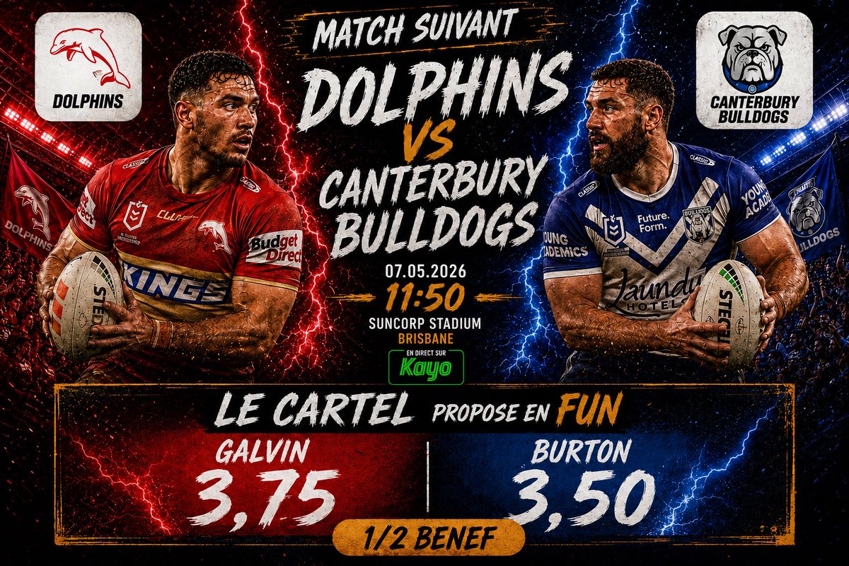 el_cartelms's tweet photo. 🔥 NRL Le Cartel FUN 🔥
🎯 1/2 BENEF
Qui prend ? 👀👇
#NRL #NRLBetting #RugbyLeague #Dolphins #CanterburyBulldogs #Bulldogs #BettingTwitter #TryScorer #Rugby #PariSportif #Bookmaker #SportsBetting #NRLTip https://t.co/5Sdmzo7gft