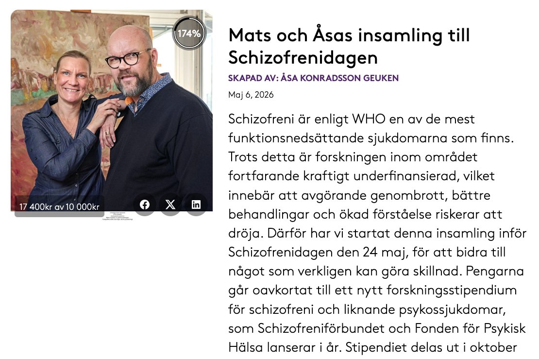 fondenpsykisk's tweet photo. Vi är helt överväldigade!

På ett dygn har Mats och Åsas insamling till Schizofrenidagen passerat sitt mål på 10 000 kr och nått hela 17 400 kr!

Det visar vilket engagemang som finns för att öka kunskapen om schizofreni och förbättra livet för de som drabbas. Bidra du med! https://t.co/7H9B97UXSZ