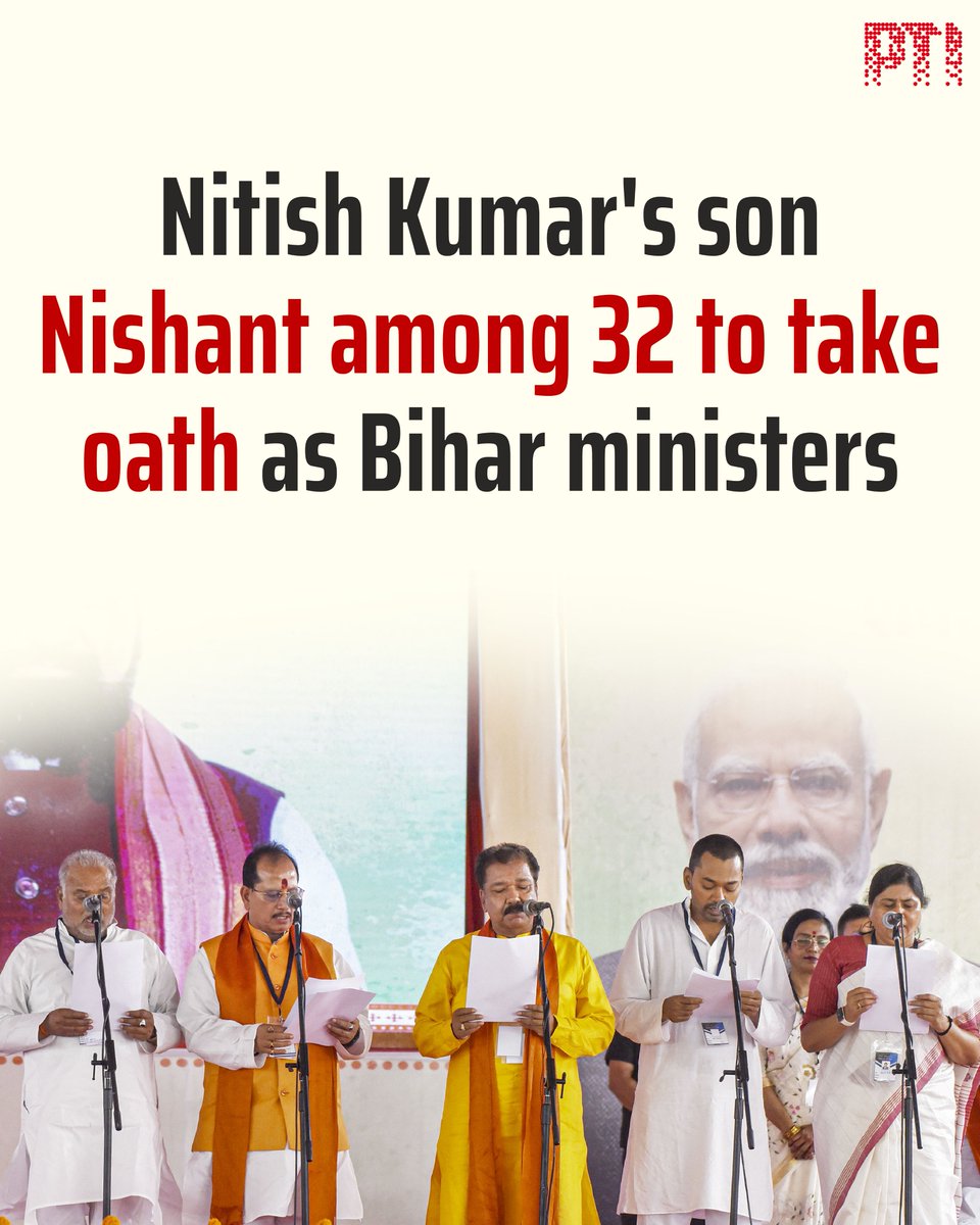 STORY | Nitish Kumar's son Nishant among 32 to take oath as Bihar ministers

In a major expansion of the Cabinet of Bihar's first BJP-led government, JD(U) supremo Nitish Kumar's son Nishant Kumar and 31 others took oath as ministers on Thursday in the presence of Prime Minister
