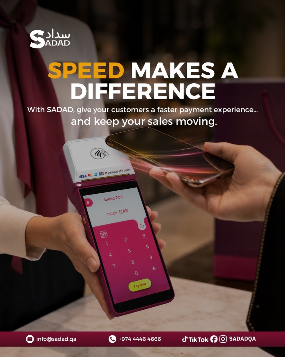 sadadqa's tweet photo. المدفوعات السريعة تعني انتظارًا أقل وتجربة أفضل لعملائك ⚡💳
مع سداد، كل عملية دفع تتحول إلى لحظة سهلة، آمنة، وتدفع مبيعاتك للأمام بثقة ✅
With SADAD, every payment becomes faster, smoother, and built for business growth 
📞 B2B Services: 44464666
#SADAD #PaymentSolutions #Qatar https://t.co/yTTQyefIPW