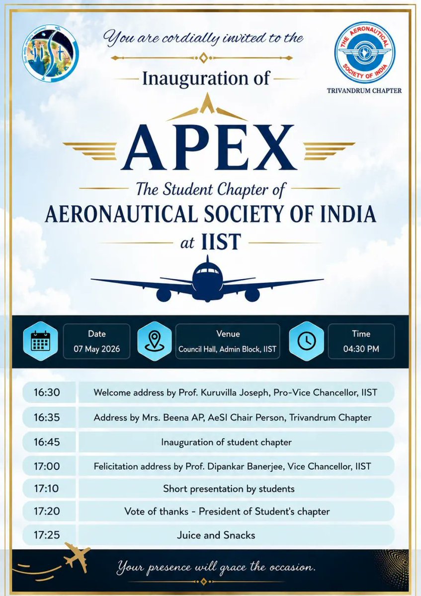 IIST_Trivandrum's tweet photo. 𝐀𝐏𝐄𝐗- 𝐭𝐡𝐞 𝐒𝐭𝐮𝐝𝐞𝐧𝐭 𝐂𝐡𝐚𝐩𝐭𝐞𝐫 𝐨𝐟 𝐀𝐞𝐫𝐨𝐧𝐚𝐮𝐭𝐢𝐜𝐚𝐥 𝐒𝐨𝐜𝐢𝐞𝐭𝐲 𝐨𝐟 𝐈𝐧𝐝𝐢𝐚

#iist #APEX #AeSI #AeronauticalSocietyOfIndia #StudentChapter #aeroapex https://t.co/P9D1RTe9vD