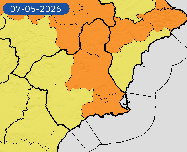 AEMET_Murcia's tweet photo. 07/05 11:30 AVISOS HOY | Región de Murcia: tormentas y lluvias. Nivel máximo de aviso: naranja.
Actualizaciones en https://t.co/gQDupQ393c https://t.co/zzike4kTGY