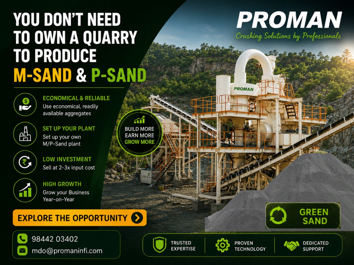 PromanInfra's tweet photo. You DON'T need to own a quarry to be in the M-Sand or P-Sand business.
📷 Use economical, readily available aggregates
📷 Set up your own M/P-Sand plant with PROMAN
#PROMAN #MSand #PSand #SandOptimiser
See less https://t.co/dKbkGtfvLZ