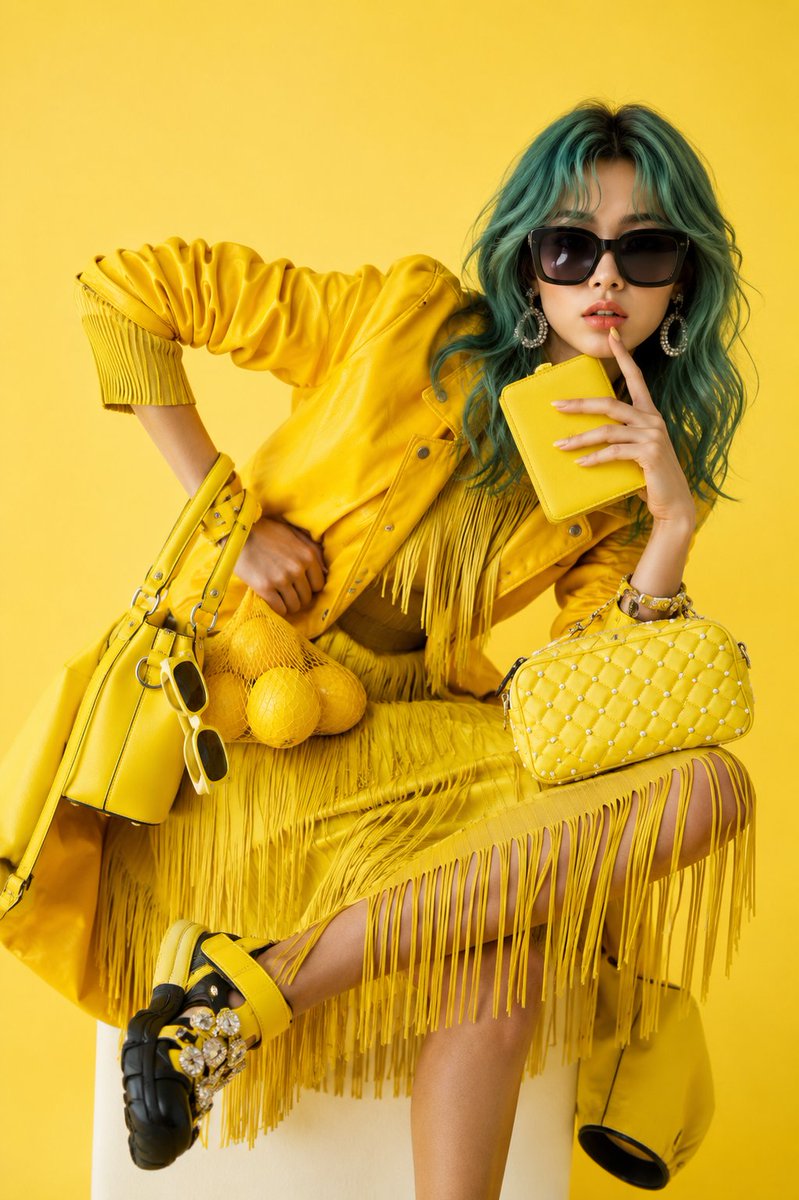 Matpocho's tweet photo. Two moods. Same presence.
Color isn’t the outfit.. it’s the attitude. ❤️💛

Images on ChatGpt 

Prompt 
Use the uploaded reference image as the exact face reference. Preserve facial features, face shape, lips, eyes, skin tone, and identity with extremely high accuracy.
Create a hyper-realistic luxury fashion editorial photoshoot inspired by bold monochrome Vogue campaigns.
The subject is sitting in a stylish dynamic pose on a white cube studio seat against a fully monochromatic vibrant yellow background. She wears an extravagant all-yellow designer outfit with heavy fringe details, including a luxury leather jacket, pleated fringe dress, oversized fashion accessories, yellow handbag, quilted purse, bracelets, and chunky designer sandals.
She has glamorous wavy colored hair, oversized luxury sunglasses, statement crystal earrings, glossy lips, and flawless soft makeup. One hand rests near her lips in a confident fashion pose while the other is placed near the waist.
The composition should include multiple yellow fashion accessories around her for a rich editorial aesthetic: designer bags, sunglasses, mesh fruit bag with lemons, layered jewelry, and luxury styling elements.
Lighting should be bright high-end studio lighting with soft shadows, ultra-detailed skin texture, realistic fabric physics, luxury fashion magazine quality, cinematic color grading, extremely sharp focus, shallow depth of field, Vogue editorial style, premium haute couture campaign aesthetic.
Pose and framing should closely match a luxury fashion advertisement campaign.
Ultra realistic, 8k, fashion photography, editorial masterpiece, high detail, expensive aesthetic, luxury styling, dramatic composition.