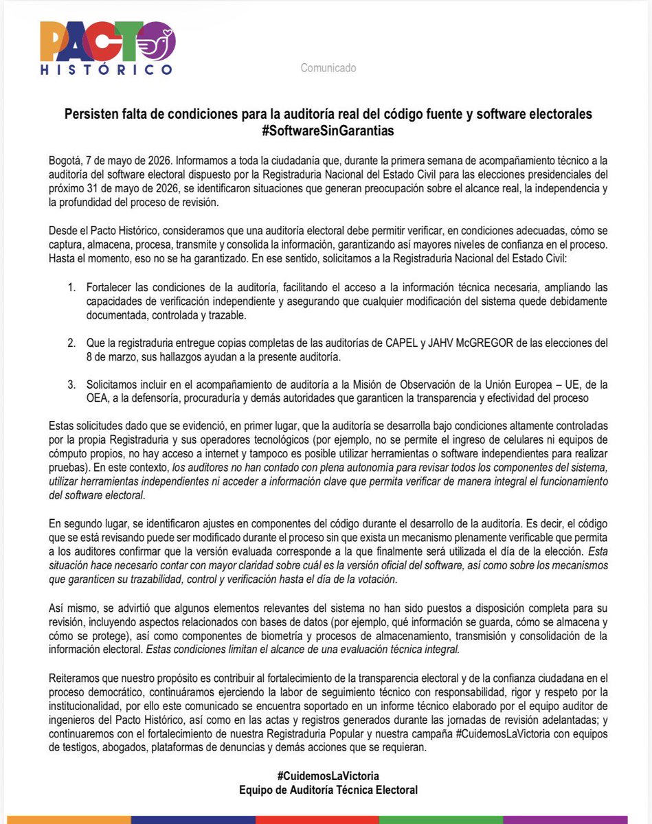 #Comunicado | Sin auditoría real del software electoral no hay confianza plena en el proceso. Exigimos acceso completo, trazabilidad del código, herramientas independientes y acompañamiento de organismos garantes. La transparencia no se proclama: se verifica.