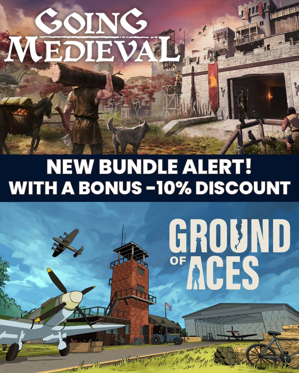 BlindflugStudio's tweet photo. ��� ✈️ From medieval settlements to WWII airfields: we’re excited to bundle up with Going Medieval — a game that inspired Ground of Aces in many ways!

Complete the set and enjoy an extra 10% discount for this colony sim bundle.

🔗https://t.co/rkRFTcQYIH https://t.co/vWqkDJf0Fp