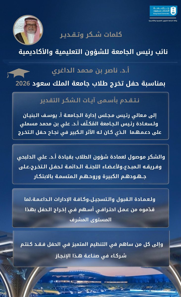 EAAA_KSU's tweet photo. #شكر_وتقدير 

كلمات شكر وتقدير من سعادة نائب رئيس الجامعة للشؤون التعليمية والأكاديمية أ.د. ناصر بن محمد الداغري، بمناسبة نجاح حفل تخرج طلاب، مشيدًا بروح التكامل والعمل المؤسسي التي أسهمت في نجاح حفل #خريجو_2026_KSU.

@_KSU 
#وكالة_الجامعة_للشؤون_التعليمية_والأكاديمية  
#جامعة_الملك_سعود