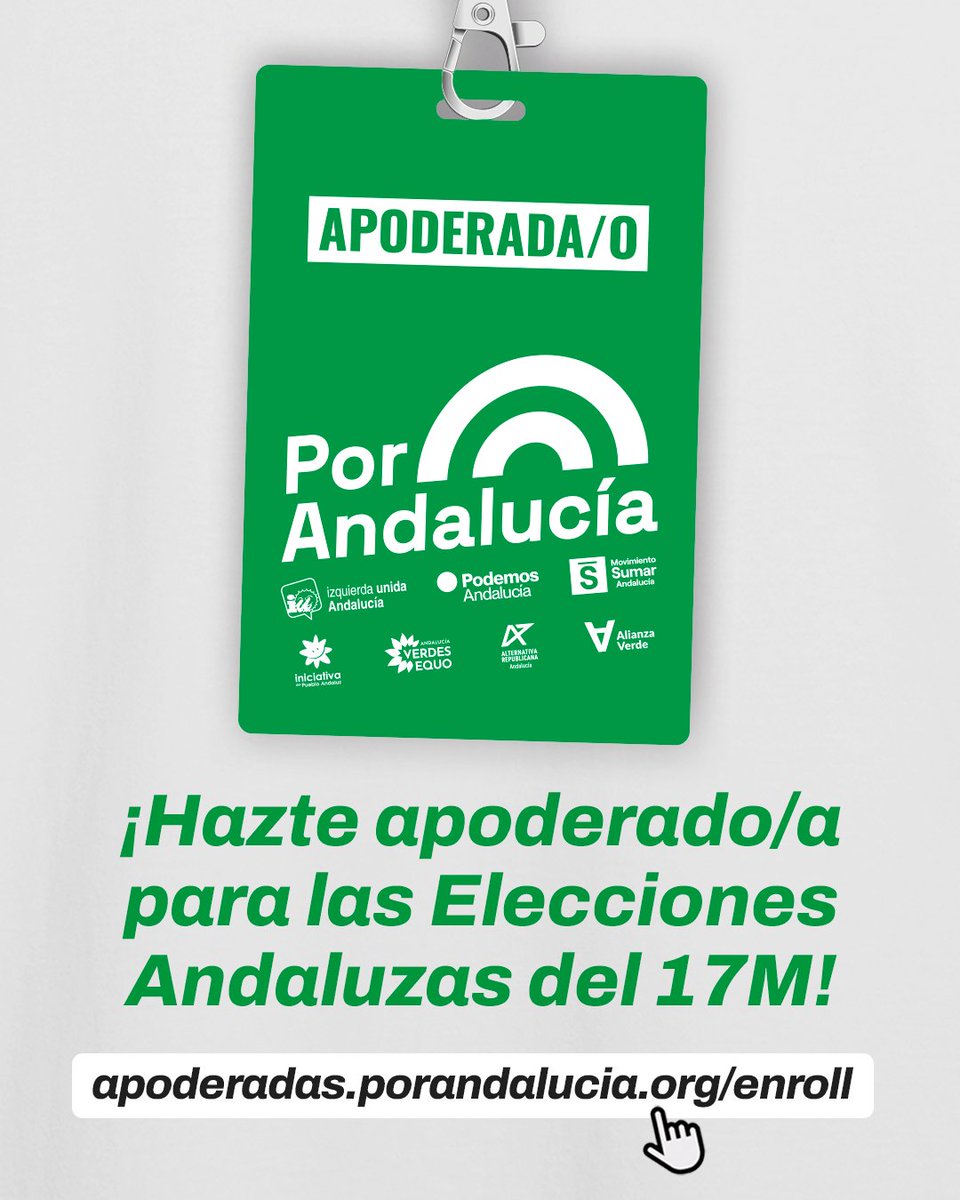PorAndaluciaOrg's tweet photo. ¡Te necesitamos!

Hazte apoderada o apoderado este 17M y ayúdanos a defender cada voto.

▶️ Inscríbete aquí 👇
https://t.co/bkSWuVa3Mu

Por ti. Por Andalucía 💚 https://t.co/Y8bRcV97wP