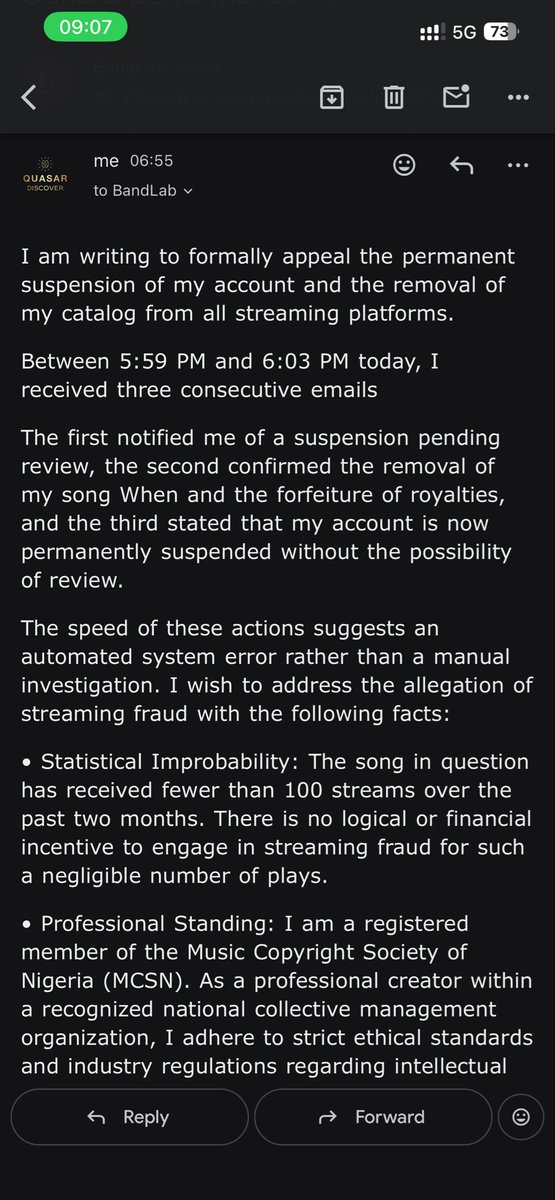 Quasarized's tweet photo. @BandLab @JoeyAkan @OneMotolani How can an account be banned in 4 mins without a review? Received 3 emails between 5:59-6:03  today. Alleged "fraud" on a song with <100 plays. I am an @MCSNNigeria member &amp; professional artist. Please check the logs manually. 
#bandlab https://t.co/LDGtK3Apnu