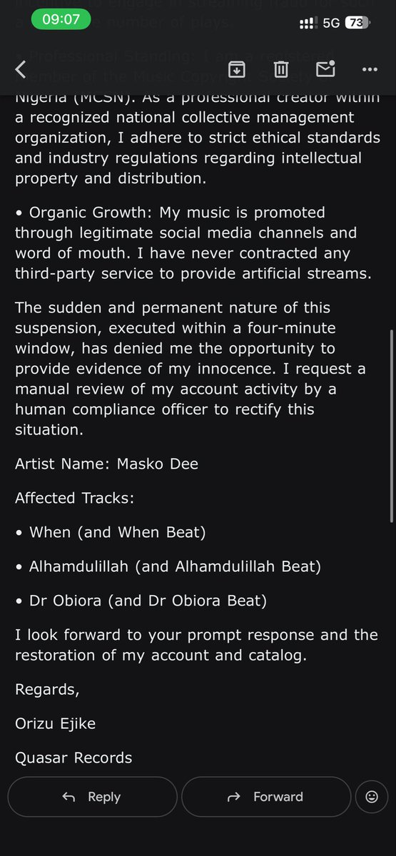 Quasarized's tweet photo. @BandLab @JoeyAkan @OneMotolani How can an account be banned in 4 mins without a review? Received 3 emails between 5:59-6:03  today. Alleged "fraud" on a song with <100 plays. I am an @MCSNNigeria member &amp; professional artist. Please check the logs manually. 
#bandlab https://t.co/LDGtK3Apnu