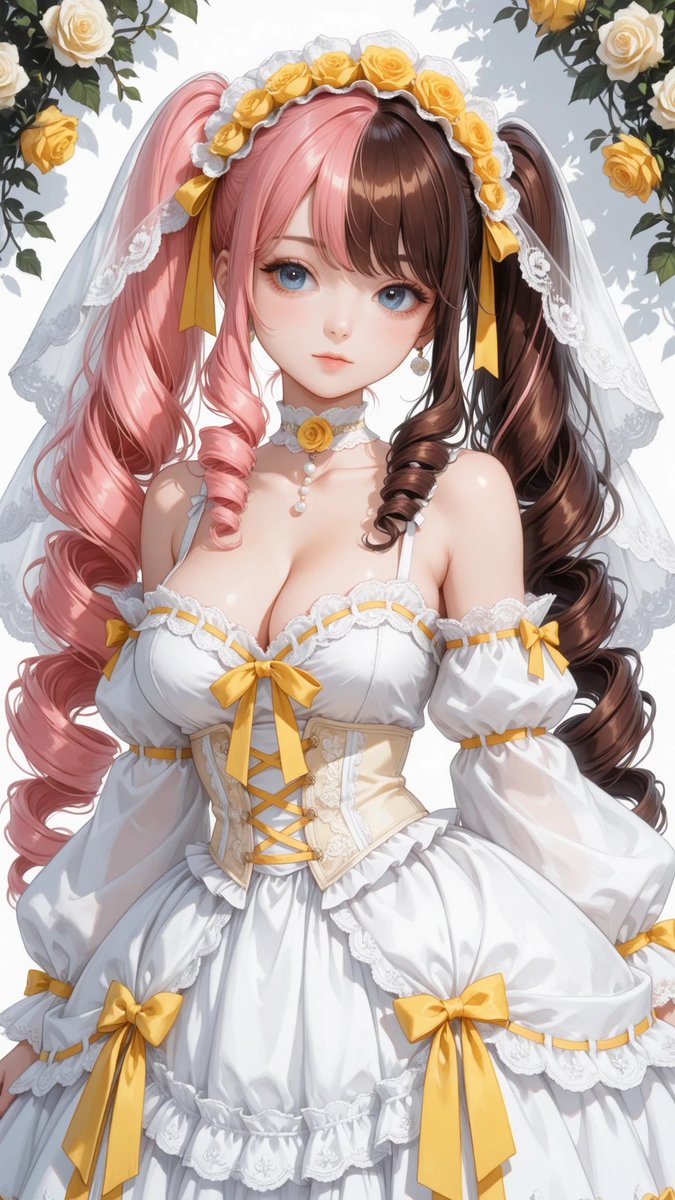 AliceLavli's tweet photo. 黄色い薔薇のドレスをどうぞ✨
white and pastel yellow rose themed lolita dress, fitted white bodice with layered frill neckline, yellow ribbon trim accents along chest and sleeves, soft yellow corset waist with crisscross lace up design, off shoulder translucent detached sleeves with gathered cuffs and yellow ribbon bows, layered voluminous skirt with alternating white and pastel yellow satin ruffles, delicate white lace trim throughout hemline, yellow rose ornaments decorating chest, waist, and skirt, embroidered floral lace details along overskirt, large flowing yellow ribbon panels cascading from back waist, white lace underskirt with soft scalloped edges, pearl and rose choker necklace, white lace veil headpiece with yellow roses on both sides, elegant princess lolita aesthetic, pastel lemon yellow and pure white color palette, highly detailed satin sheen, floral ornaments and layered frills