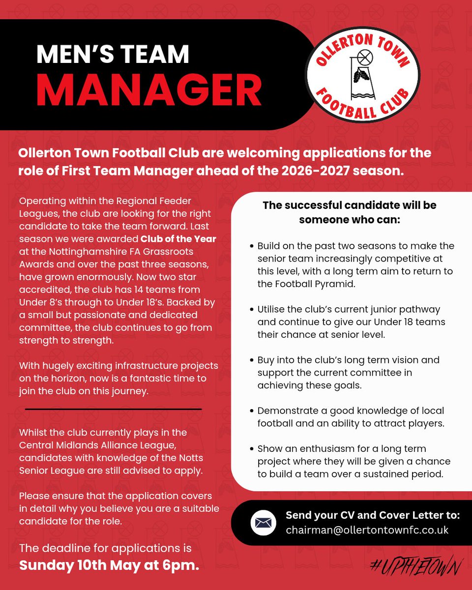 The deadline for applications for the role of Men's Team Manager has been brought forward to Sunday evening at 6pm. 

Please email any applications to chairman@ollertontownfc.co.uk 

#UpTheTown 🔴⚫️