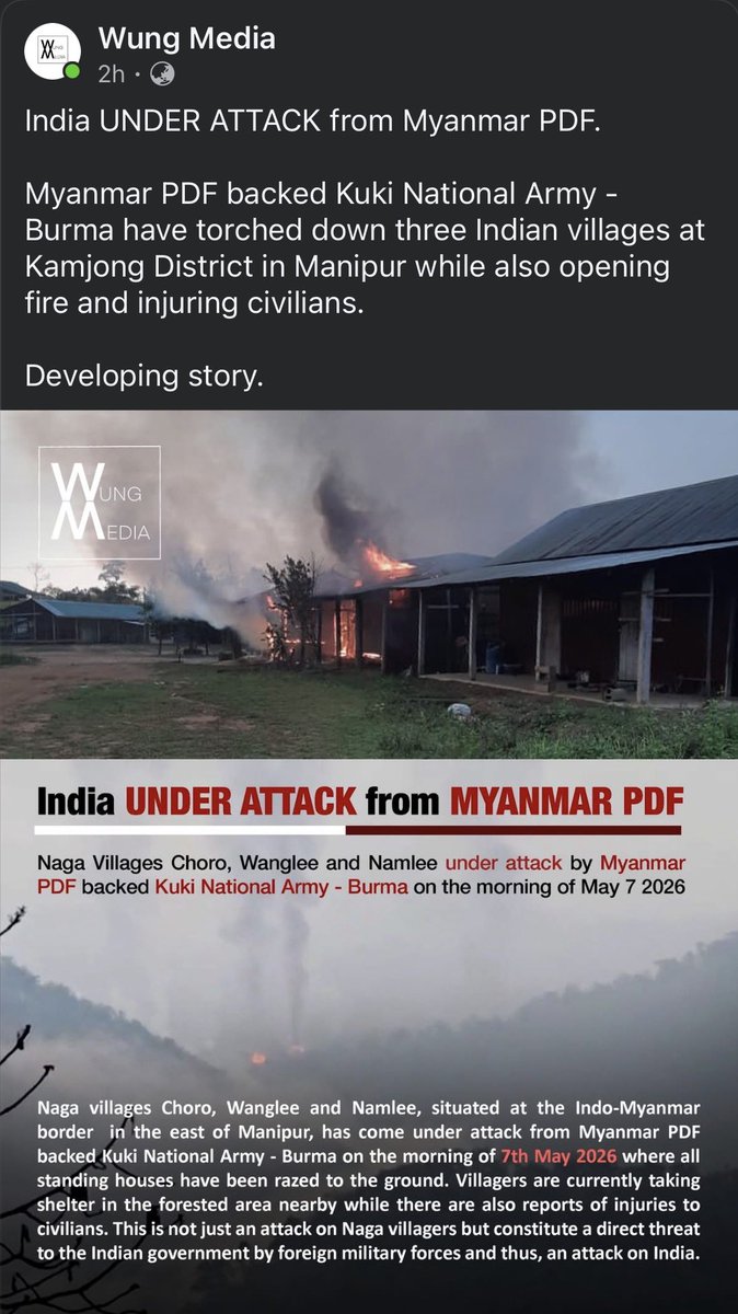 Paari_Athouba's tweet photo. KAMJONG DISTRICT Phungyar A/c MLA Mr Leishiyo Keishing has now categorically stated that the attack on Namlee, Wanglee villages, including Z Choro today early morning, was carried out by KNA (Burma) and PDF elements. If that is the case, then this is nothing less than an act of external aggression involving a breach of the international boundary between India and Myanmar.

Can any responsible person now honestly deny this reality? Please come forward openly if you can.

But certainly not the usual pathological liar groups led by people like @CathrineGangte, @FlorenceGuite, etc. They have long lost every ounce of credibility in any serious discourse by continuously teaming up to push narco-terrorist propaganda and manufactured narratives built on deception and lies.