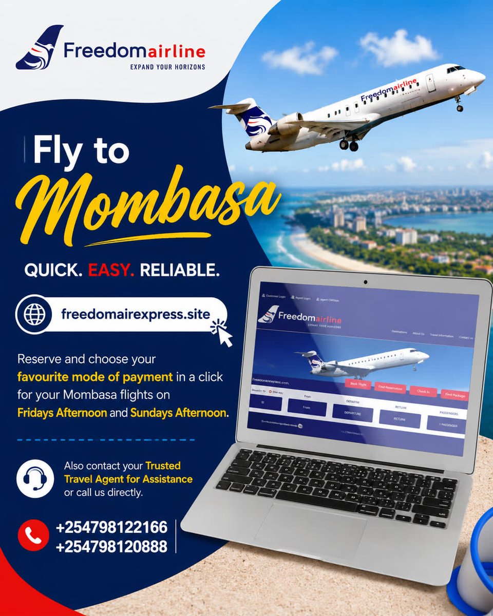 FreedomAirKe's tweet photo. We’ve moved to a new booking site! ✈️
Book your Friday &amp; Sunday Afternoon Mombasa flights in just a click and pay with ease.

📞 +254 798 122 166
📞 +254 798 120 888

Book now: https://t.co/e9KKH4C4DX https://t.co/EiLBplr01G