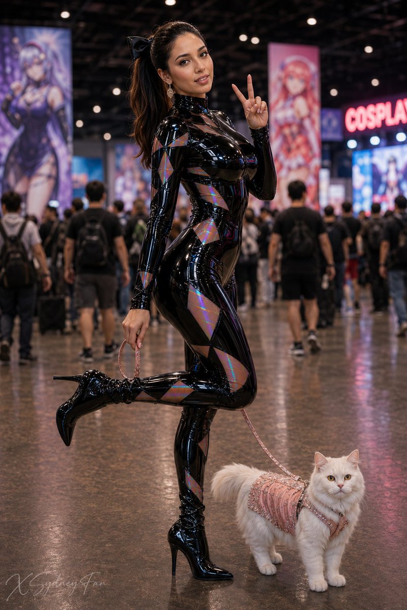 Latex Catsuit Woman with Cat at Cosplay Convention