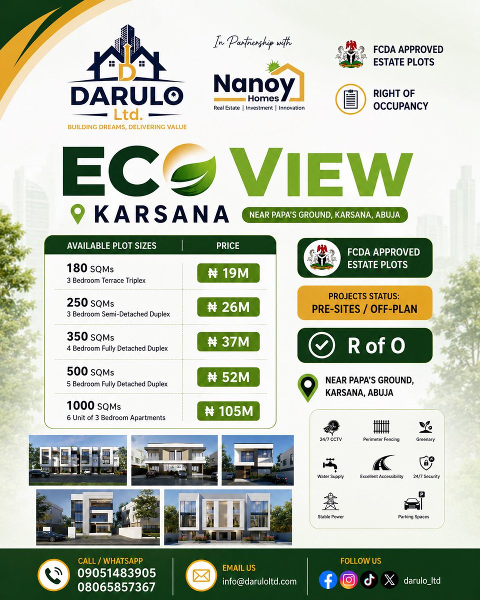 Darulo_ltd's tweet photo. PROPERTY UPDATE

DARULO LTD ECO VIEW
KARASANA.
Near Papa's Ground, Abuja.

PRICE FOR LAND 

AVAILABLE PLOTS SIZES /PRICES. https://t.co/NhBwOk12fQ