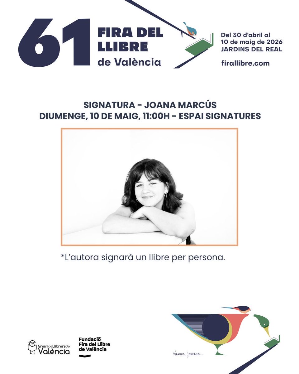 firallibrevlc's tweet photo. ℹ️ Per a este diumenge, 10 de maig, la signatura de @joanamarcusx en #FiraLlibreVLC es farà a l’Espai Signatures, a les 11h.

L’autora signarà un llibre per persona❗️🚨 https://t.co/htcK6CGqGU