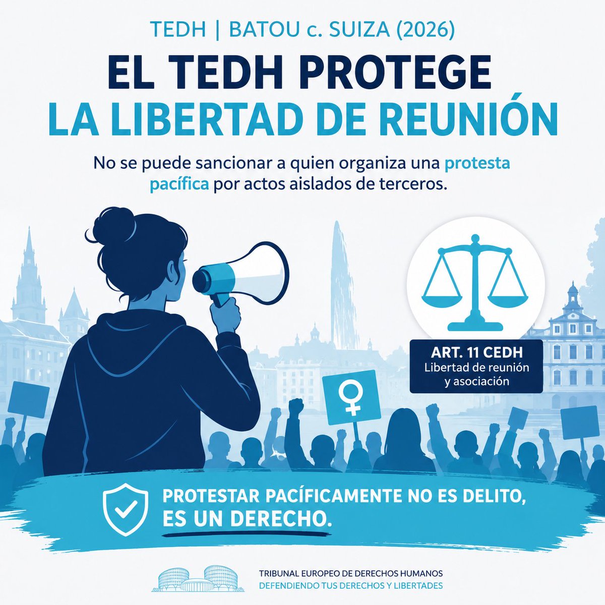 DDHHAbogados's tweet photo. 🇪🇺 El TEDH condena a Suiza por multar a la organizadora de una marcha feminista pacífica del #8M.

⚖️ La sanción tuvo un “efecto disuasorio” contrario a la libertad de reunión.

#TEDH #DerechosHumanos #LibertadDeManifestación #CEDH https://t.co/Ra33BSZgmU