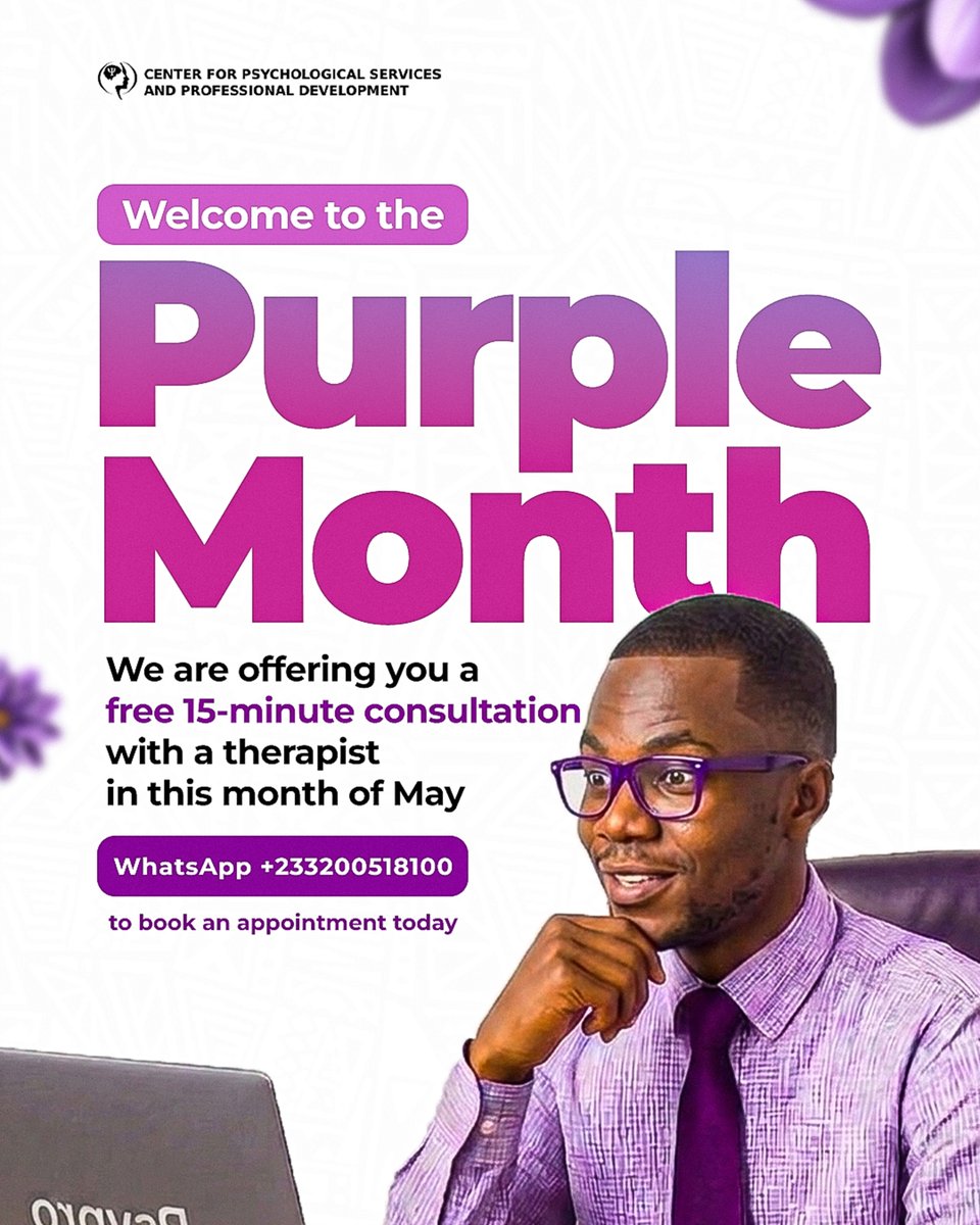 Psypro_gh's tweet photo. 💜This May, we're offering you a FREE 15-minute virtual consultation. No commitment, no pressure, just a quiet space for you to be heard.  Your first step doesn't have to be big. It just has to be a step.  Spots are limited. Whatsapp us on +233200518100 to book now. https://t.co/GK8e2Ua56W