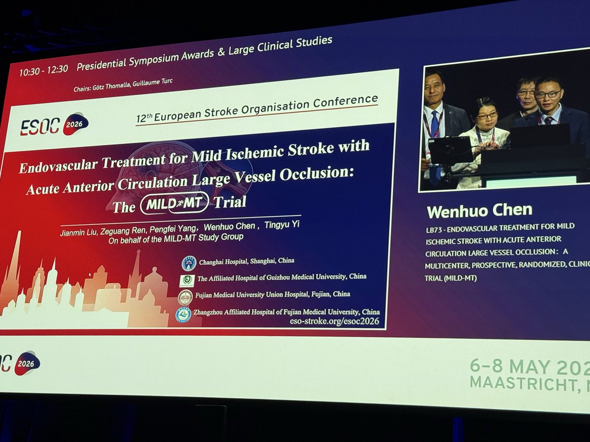 inna_lutsenko's tweet photo. The MILD-MT trial from China on the thrombectomy in mild strokes (low NIHSS) was successful 
➡️ good assessment of mismatch
➡️ better 90-d. functional outcome 
➡️ low initial NIHSS could lead to the further worsening, so still do TE
@ESOstroke #ESOC2026 https://t.co/zYygTPcsdL