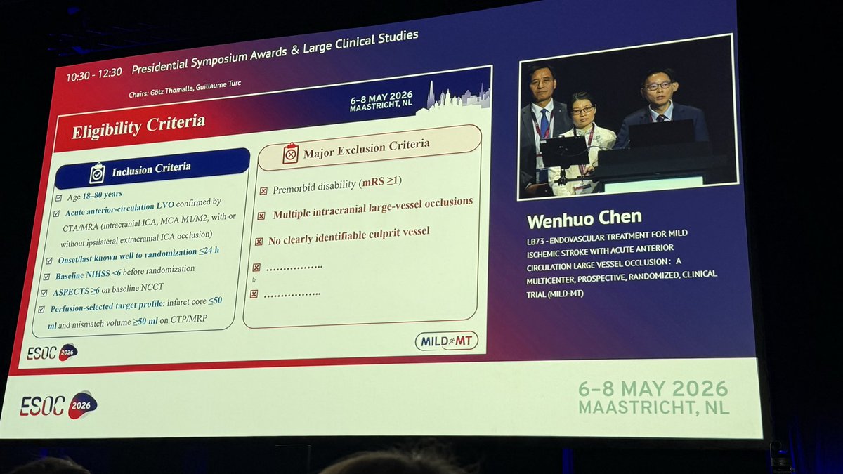 inna_lutsenko's tweet photo. The MILD-MT trial from China on the thrombectomy in mild strokes (low NIHSS) was successful 
➡️ good assessment of mismatch
➡️ better 90-d. functional outcome 
➡️ low initial NIHSS could lead to the further worsening, so still do TE
@ESOstroke #ESOC2026 https://t.co/zYygTPcsdL