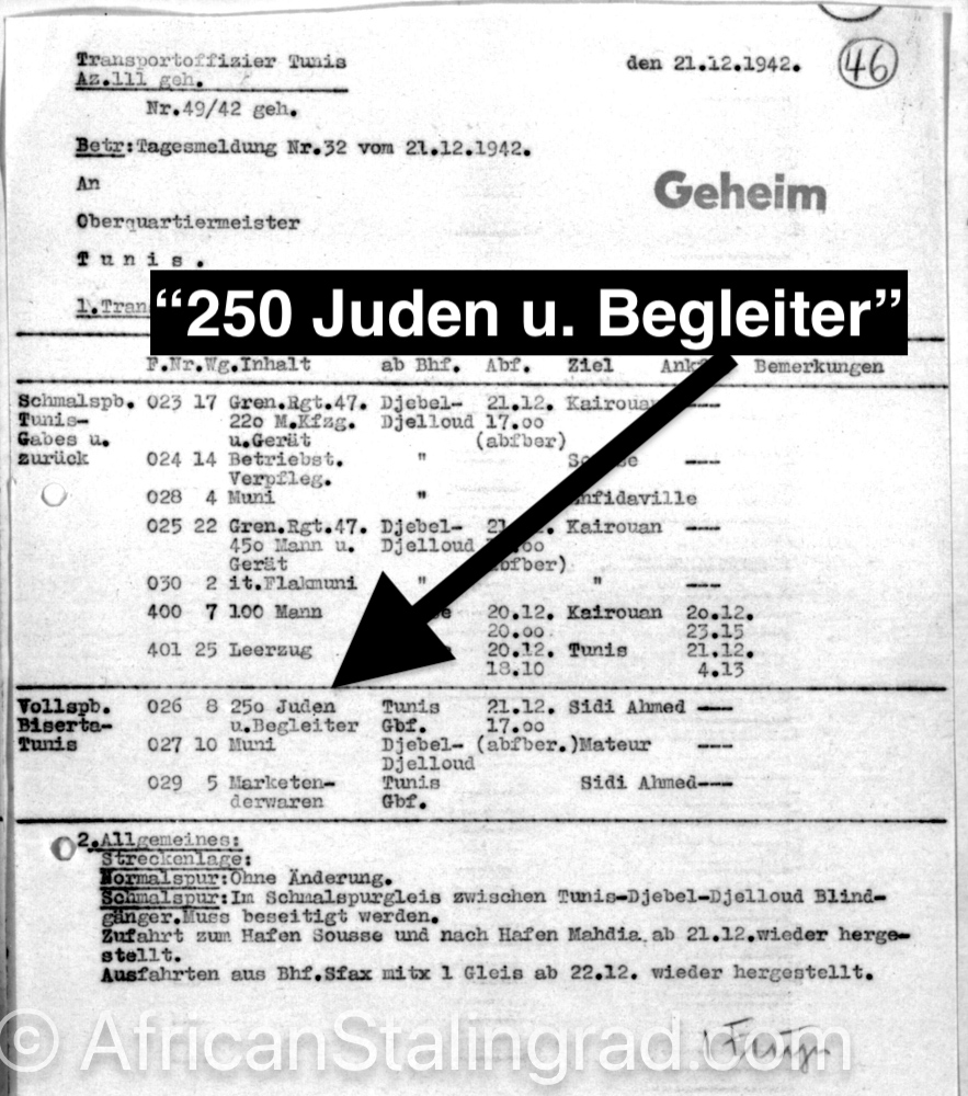 Tunisia_1943's tweet photo. Really shocking discovery, one of many 1942 German Army daily train reports in Tunisia, listing "250 Juden u. Begleiter" (Jews and Guards) - forcibly moved from a goods depot near Tunis to a labour camp near Bizerte. These reports have never been studied. #TunisianCampaign https://t.co/o9tMIgo415