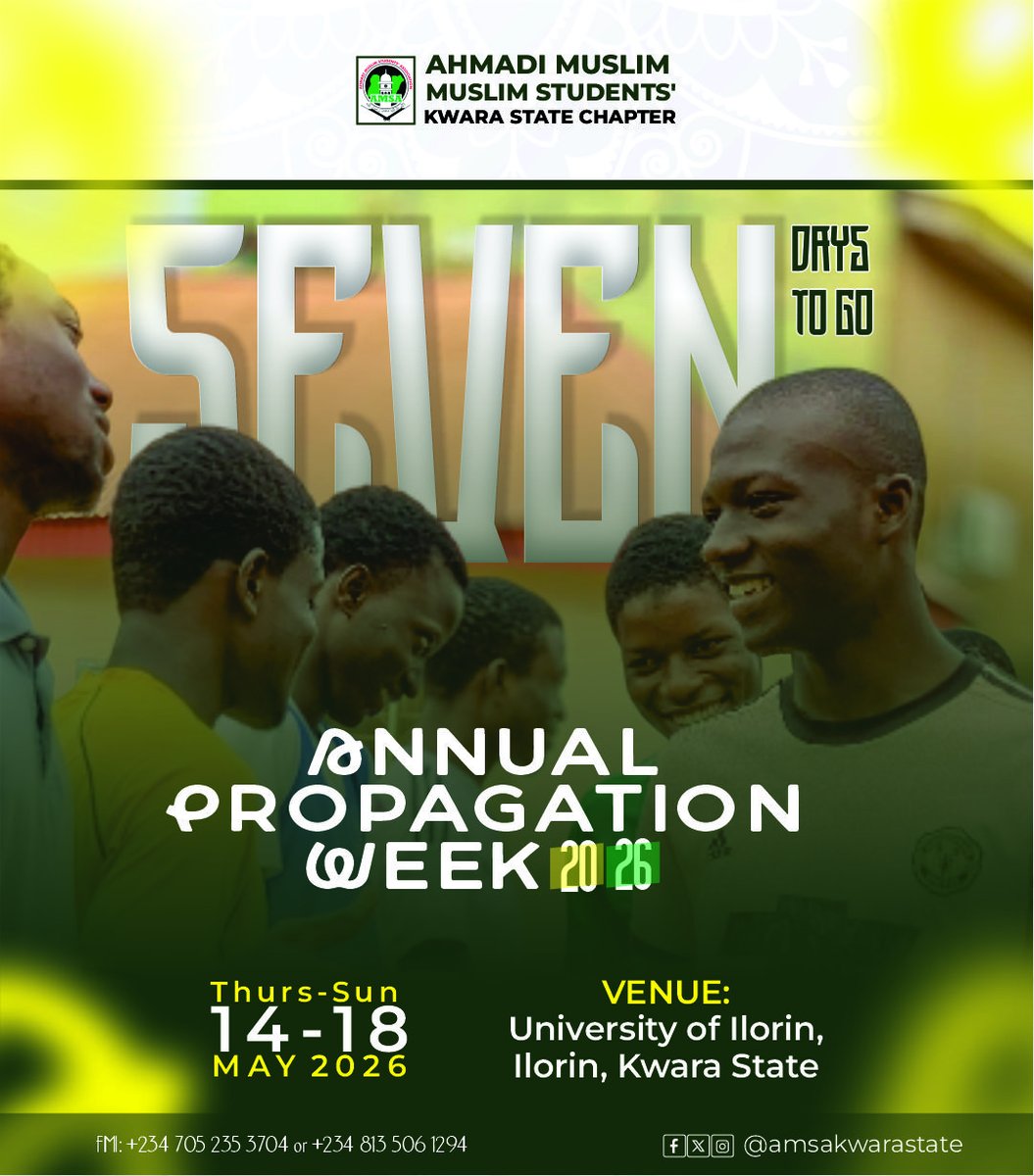 AMSAKwara's tweet photo. We are exactly 7 DAYS AWAY⏱️ from the most anticipated gathering of the year. It’s time to gear up for an event of spiritual growth, impactful learning, and brotherhood.

#AMSA #PropagationWeek2026 #RisingWithPurpose #Unilorin #KwaraState #MuslimStudents https://t.co/1S1Wj8AueR