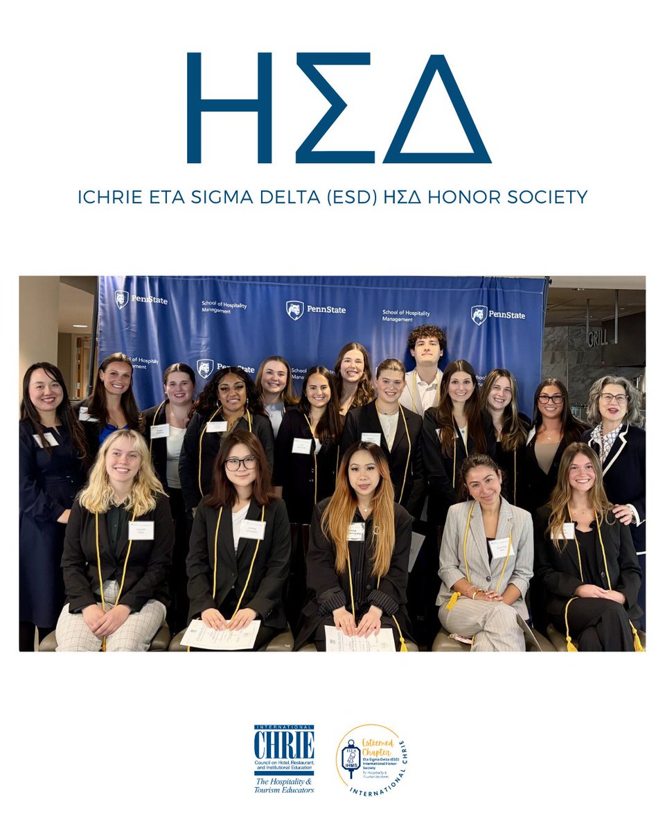 ICHRIE's tweet photo. CONGRATS 🍍to The Pennsylvania State University for hosting its ICHRIE ΗΣΔ #EtaSigmaDelta Induction Ceremony on 20 April 2026 🎉Special thanks to Dr. Anni Ding (ESD Advisor), Dr. Donna Quadri-Felitti (remarks), and keynote speaker Jennifer Brooks (HAMCO). 🌟#EtaSigmaDelta #ICHRIE https://t.co/ABCtmhTuyK