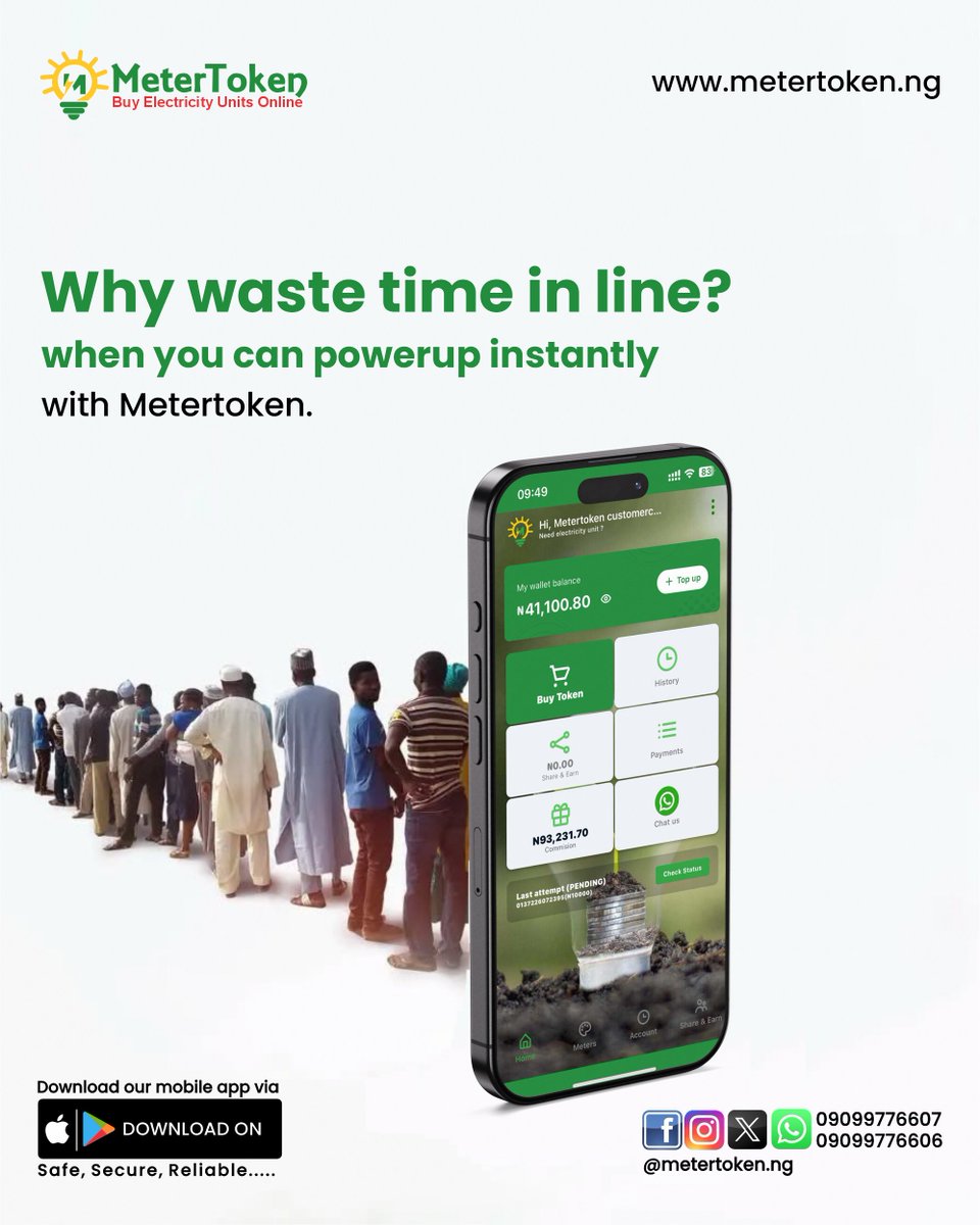 Metertokenng's tweet photo. Why are you still standing in line to buy electricity units? In 2026, your meter token should come to YOU, not the other way around. Download @MeterTokenNG and power up instantly from your phone. Safe. Secure. Reliable.

#MeterToken #ElectricityToken #PowerUpNow #NaijaLiving https://t.co/V0PXmiZH5I