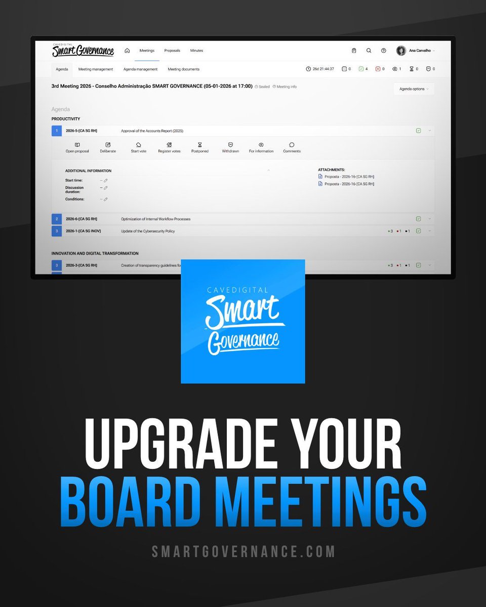cdsmartgov's tweet photo. No more long, messy board meetings that lead to nowhere!

Step into the future of board meetings with Smart Governance®. Demo at
https://t.co/IFBOAUIUzR

#SmartGovernance #Agile #BoardMeetings https://t.co/fWaOZImSTD